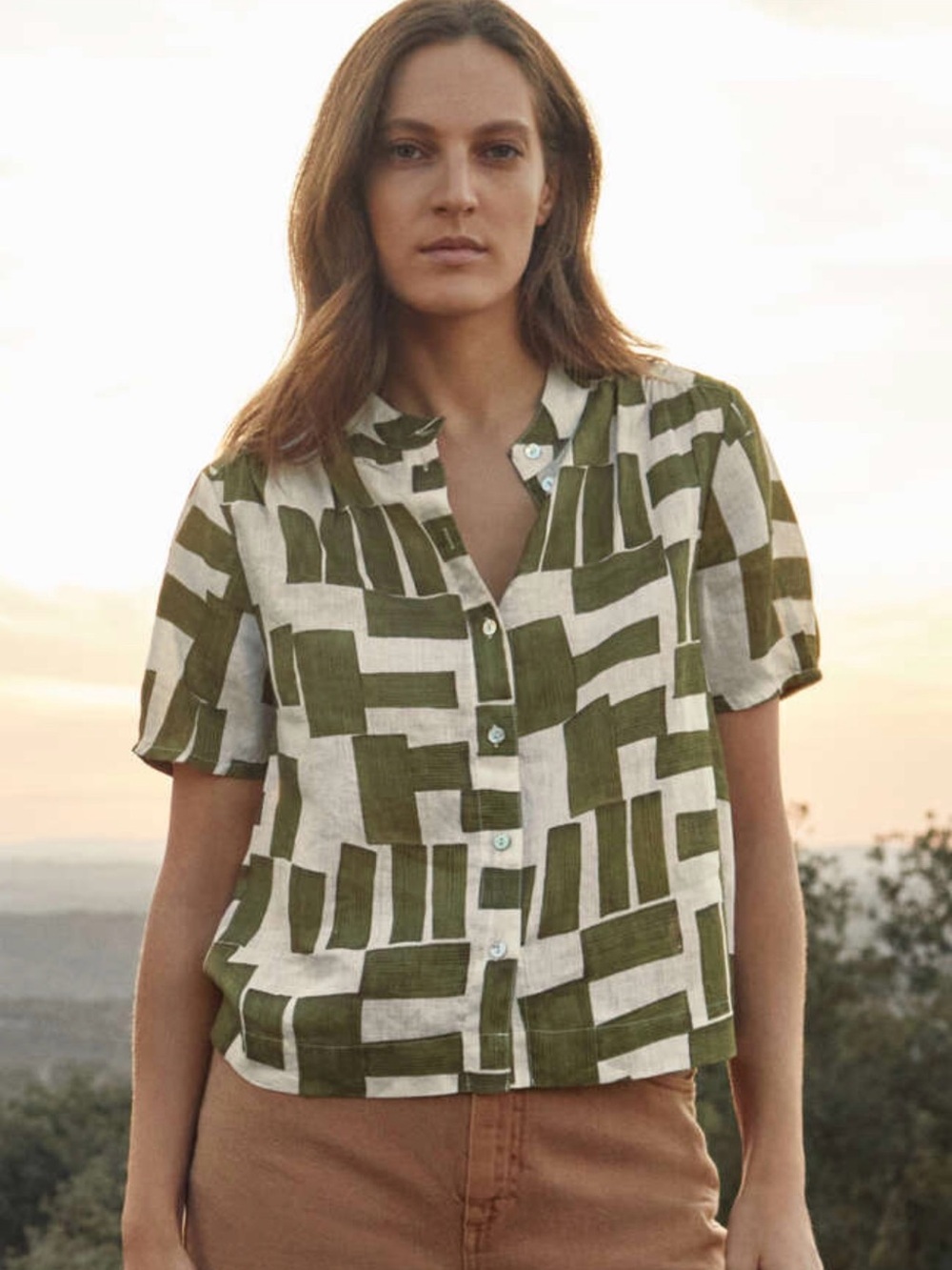 POETRY OLIVE GREEN PRINTED SHORT SLEEVE LINEN SHIRT SZ 14